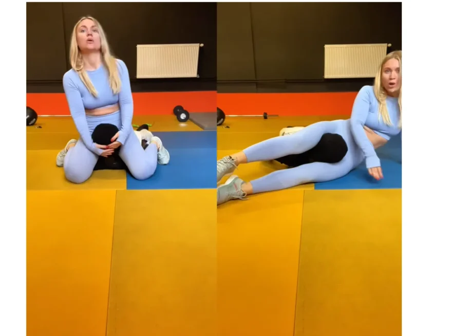 woman practices headscissoring for self defense